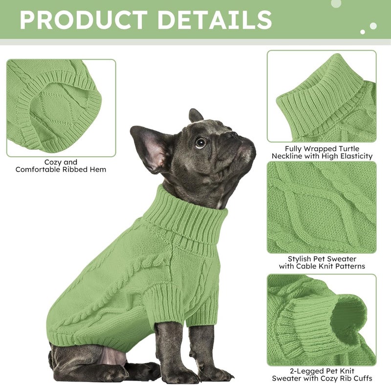 Queenmore Small Dog Pullover Sweater, Cold Weather Cable Knitwear, Classic Turtleneck Thick Warm Clothes for Chihuahua, Bulldog, Dachshund, Pug, Yorkie (Green, Large) - Image 2